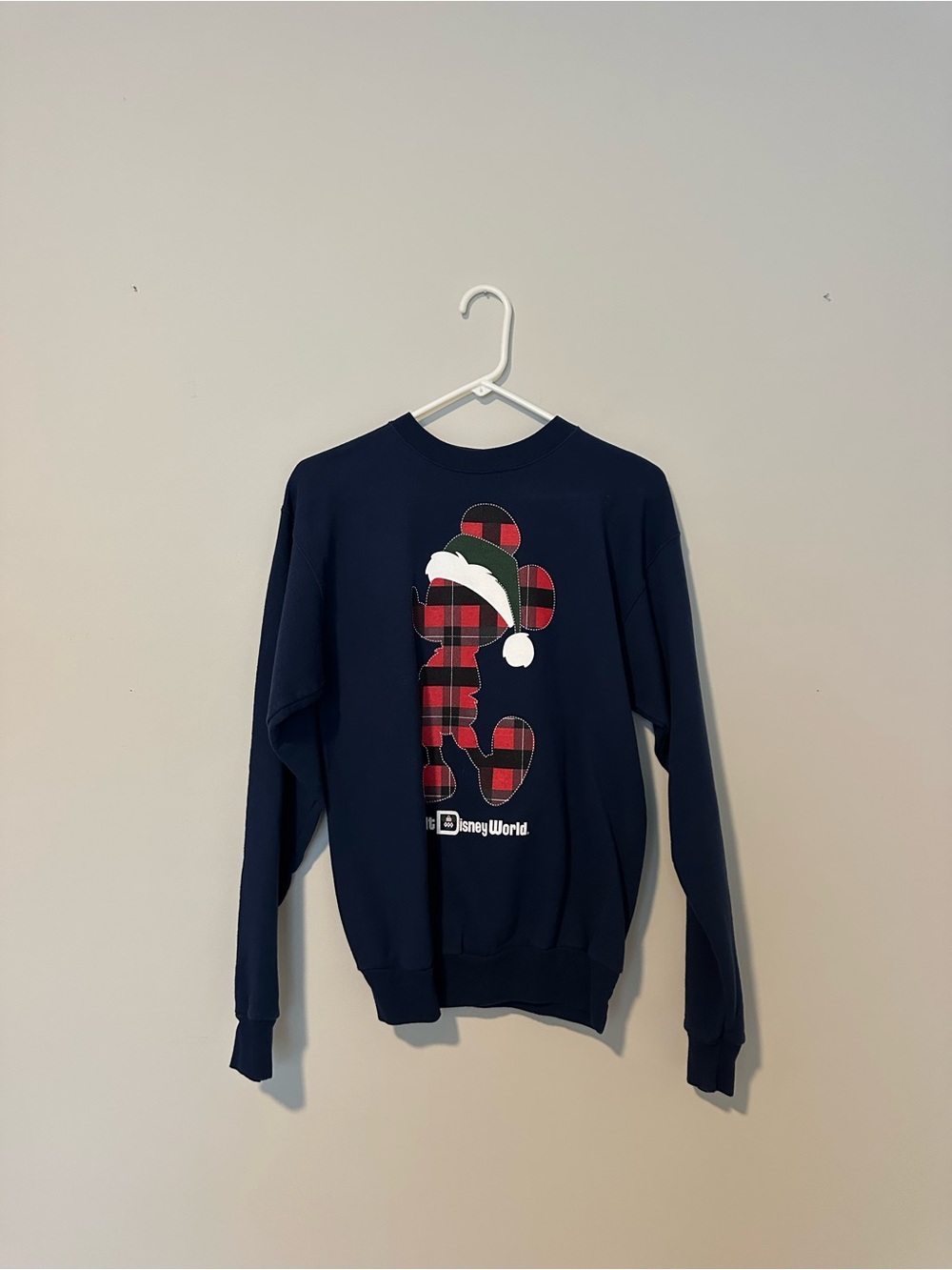 Walt Disney World Hanes Holiday Navy Crewneck Sweatshirt with Red Plaid Mickey